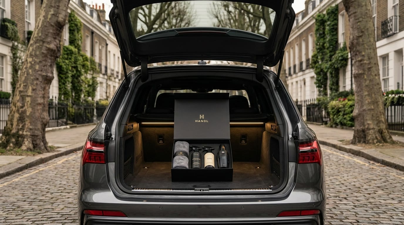 The HANDL cleaning kit — branded box, folded microfibres, two pro sprays and a cordless vacuum — sitting in the open boot of an estate car on a London street