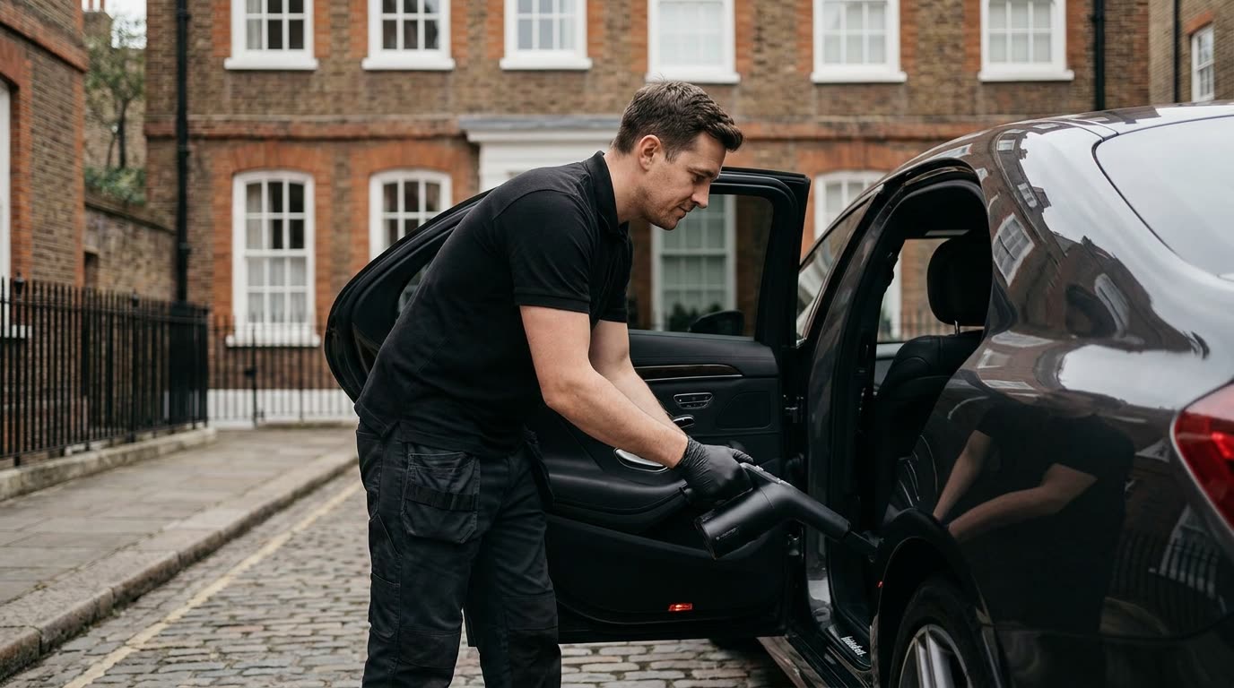 A detailer vacuuming a car interior on a London street