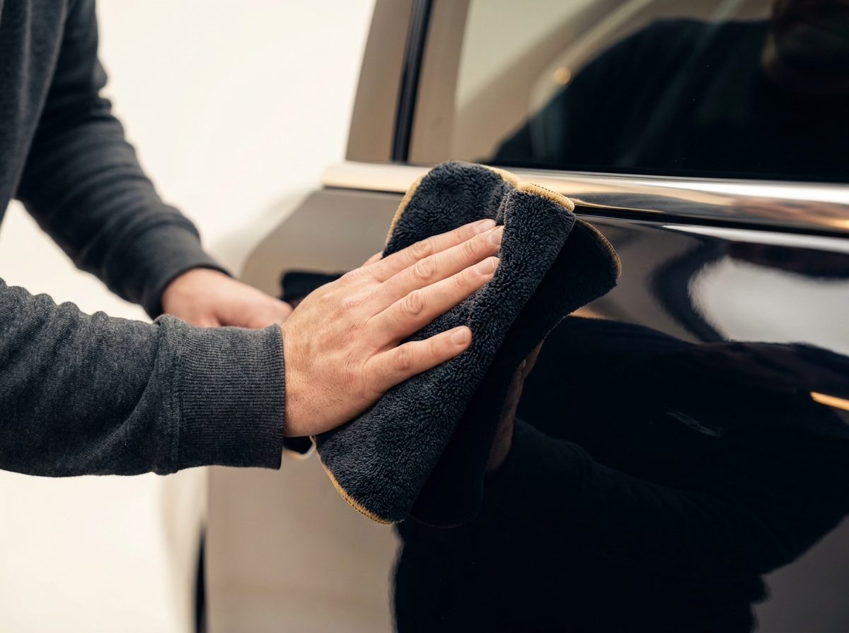 A HANDL detailer finishing a panel by hand with a microfibre cloth