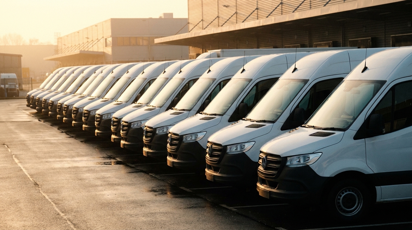 A fleet of clean white delivery vans lined up at an Amazon depot at golden hour