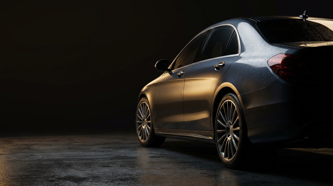 A freshly detailed luxury car under a single brass rim light